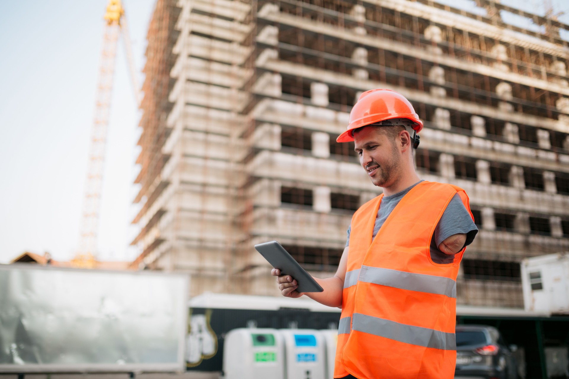 Blue collar worker with disability working on the construction